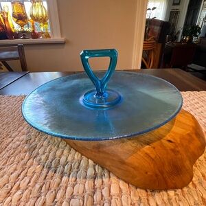 FENTON Celeste Blue Iridescent Stretch Glass Handled Serving Plate Vintage